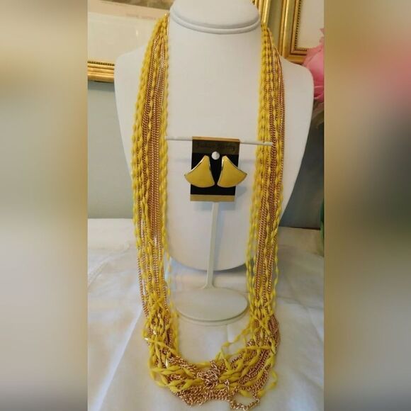 Vintage Gold and Yellow Multi Strand Necklace and Yellow Napier Earrings Set - Picture 1 of 7